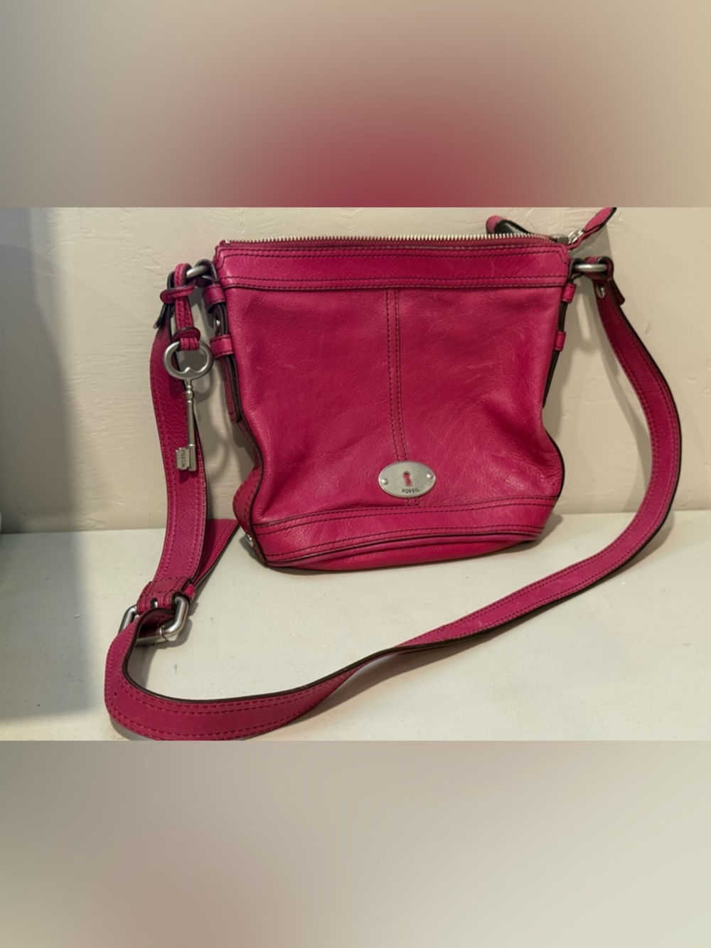 Vintage Fossil Maddox‎ Leather Bucket Bag Y2K Burgundy Hobo Shoulder Purse Key